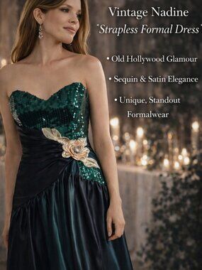 Nadine Vintage Formal Dress Strapless Sequin Satin Green Whimsygoth 80s Prom